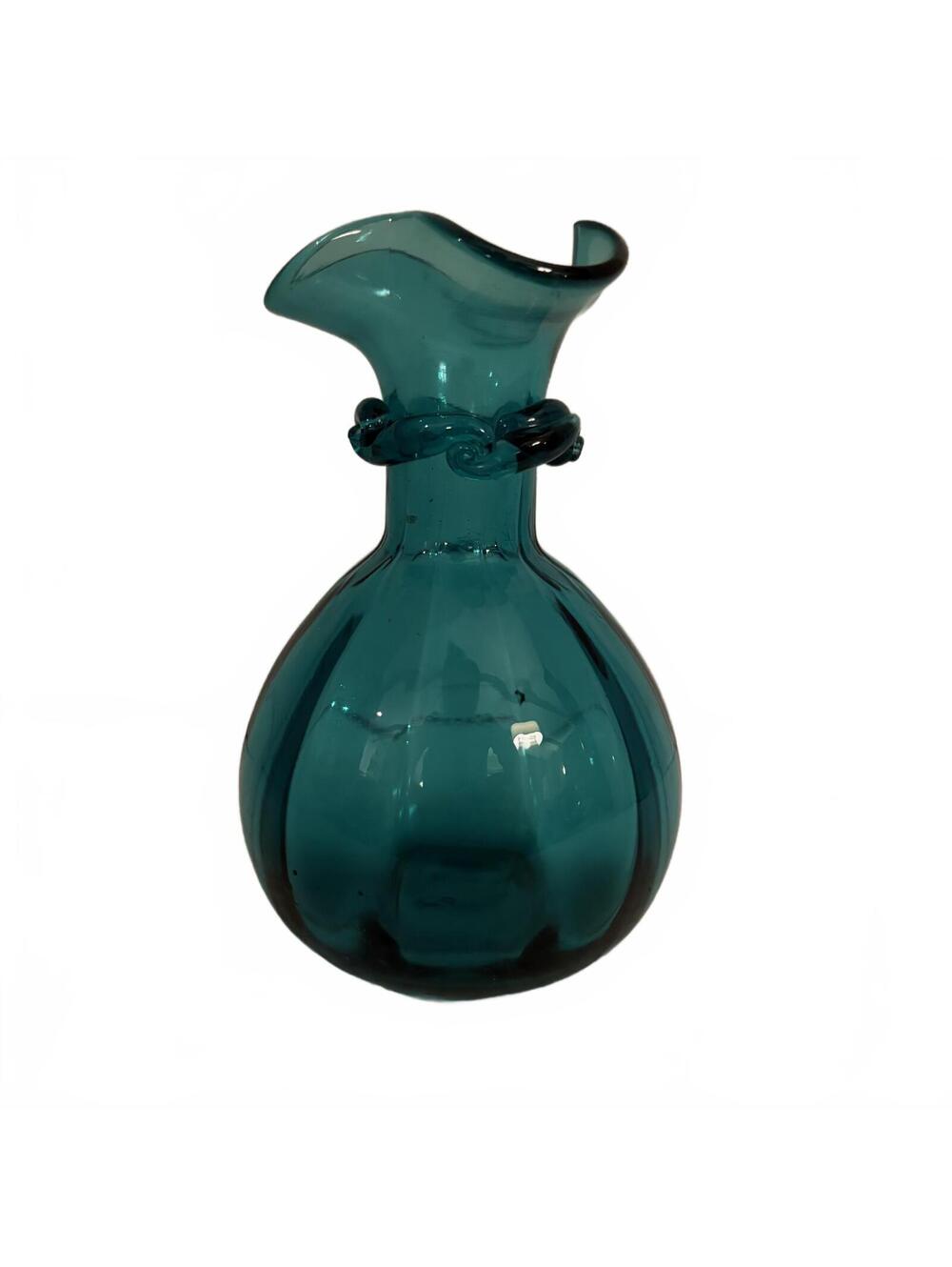 Teal Handblown Glass Vase with Decorative Neck
